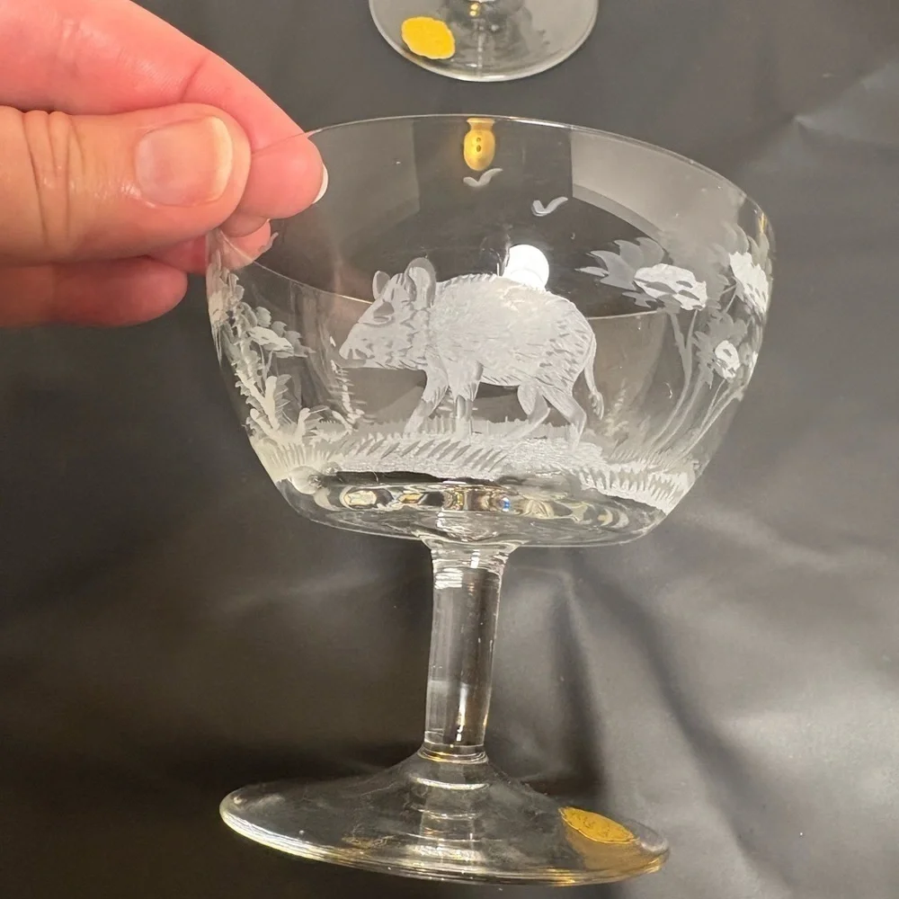 Vintage Etched East Germany Crystal Coupe Set Hunting/Wildlife Scene